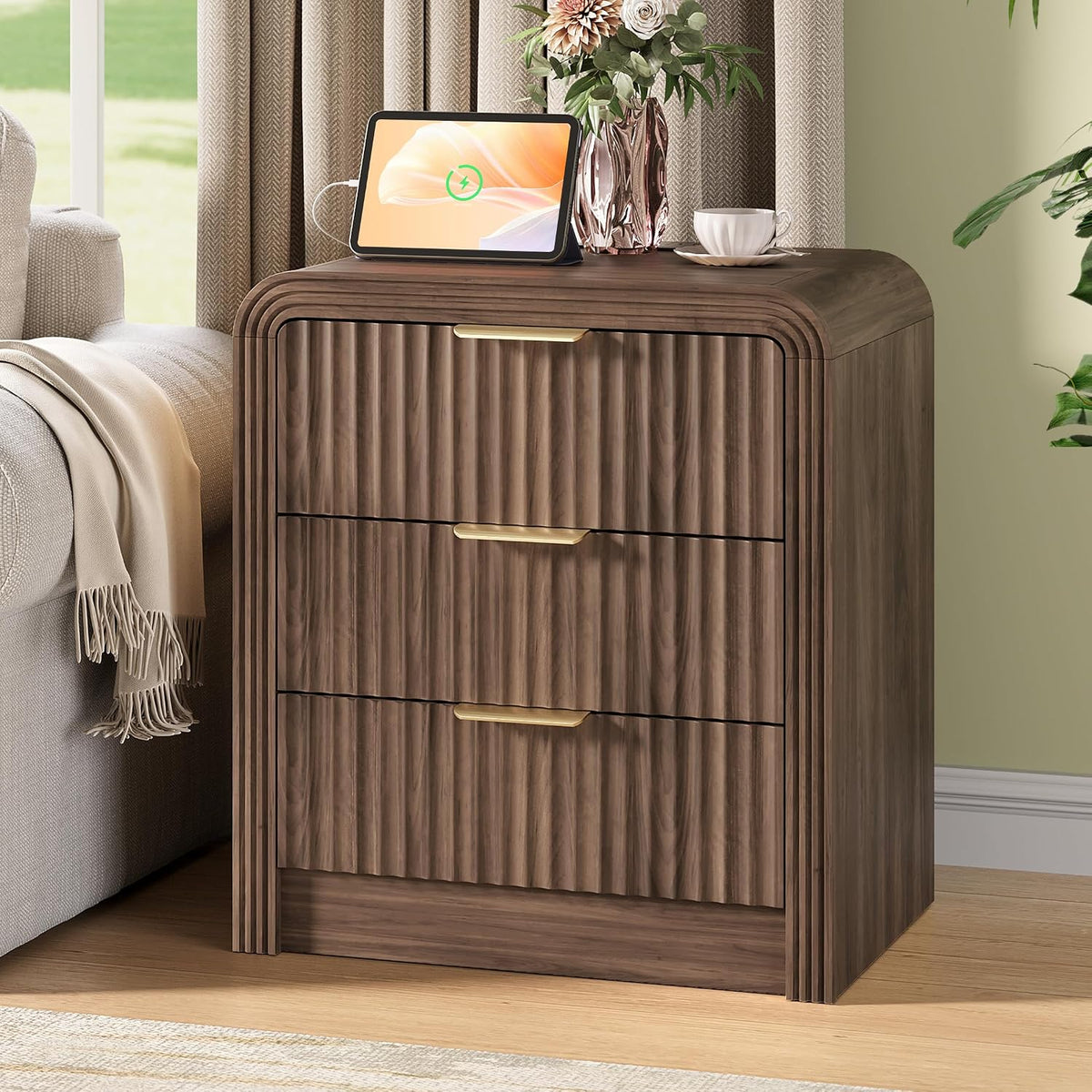 Decofy Fluted 3-Drawer Nightstand Set of 2 with Charging Station, Walnut