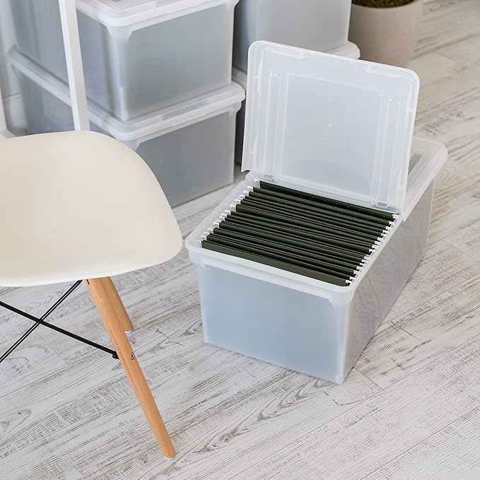 IRIS USA File Box File Organizer w/ Hinged Split Latching Lid for Letter/Legal File, Water Resistant Document Box, BPA-Free, Plastic Storage Bin Tote Organizer, Stackable, Nestable, Clear 44 Qt. 5Pack