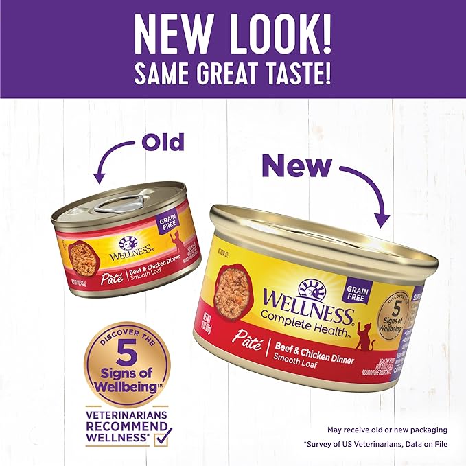 Wellness Complete Health Pate Adult Wet Cat Food, Natural, Protein-Rich, Grain Free, 3 Ounce, 24 Pack, (Beef & Chicken)