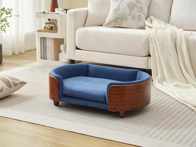 Scandinavian Style Elevated Dog Bed Pet Sofa with Solid Wood Legs and Bent Wood Back, Velvet Cushion, Small Size, Walnut Frame & Dark Blue Cushion