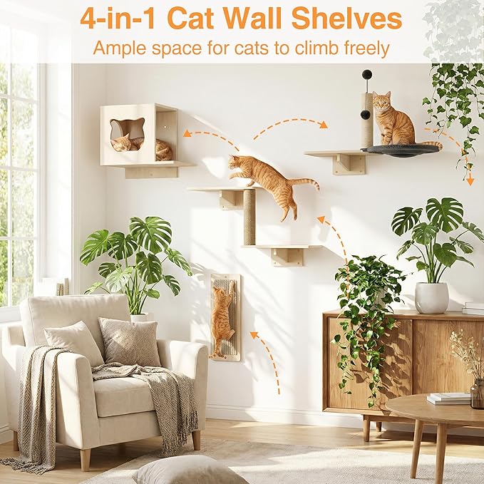 Cat Wall Shelves, Wooden Multi-Level Cat Climbing Furniture, House, Steps, Sisal Scratcher, Perches Bed & Ball, Space-Saving Wall Mounted Cats Shelves for Play & Rest