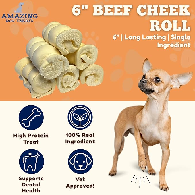 Amazing Dog Treats - Beef Cheek Rolls (6 Inch Regular - 8 Pcs) - No Hide - Safe Rawhide Alternative Dog Chew - Great for Power Chewers - Long Lasting Dog Chew - No Splinters - Retriever Rolls For Dogs