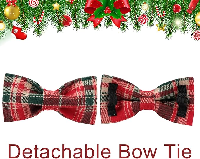 Christmas Plaid Dog Collar with Bow Tie– Adjustable Red & Green Checkered Dog Collar for Small Medium Large Dogs, Soft Xmas Plaid Puppy Collars with Quick Release Buckle XS