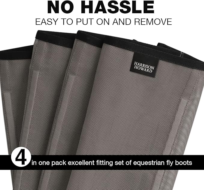 Harrison Howard Loose Fitting Fly Boots UV-Protective Extra Tough Mesh Ventilated Four Fasteners Stay-on Design Protect Horse Legs & Stomp-Reducing Set of 4 Dark Grey Pony