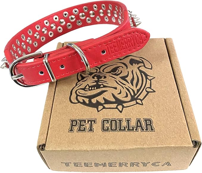 TEEMERRYCA Adjustable Microfiber Leather Spiked Studded Dog Collars with a Squeak Ball Gift for Small Medium Large Pets Like Cats/Pit Bull/Bulldog/Pugs/Husky, Red, XXL 19.7-22.4 inches