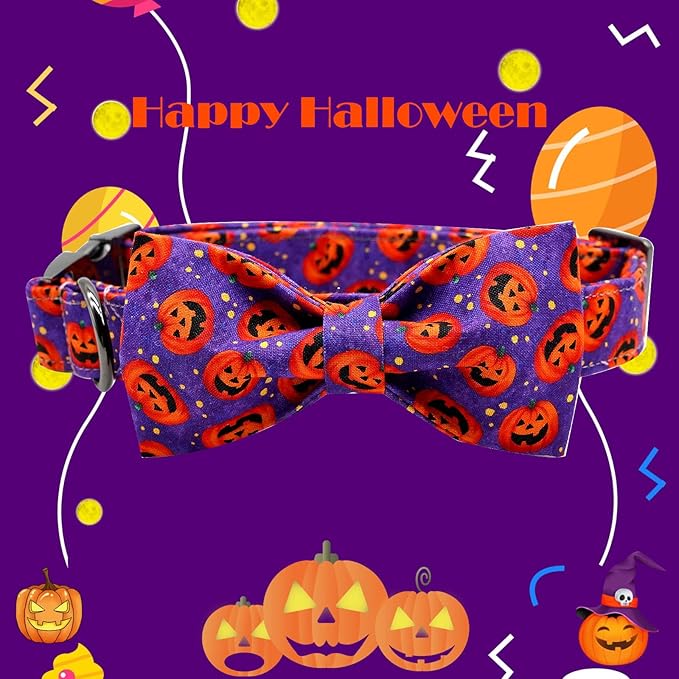 Dog Collar - Halloween Pumpkin Bowtie Pet Collar Gift Soft Bow Collar Pet Adjustable Metal Buckle Puppy Collars for Large Dogs