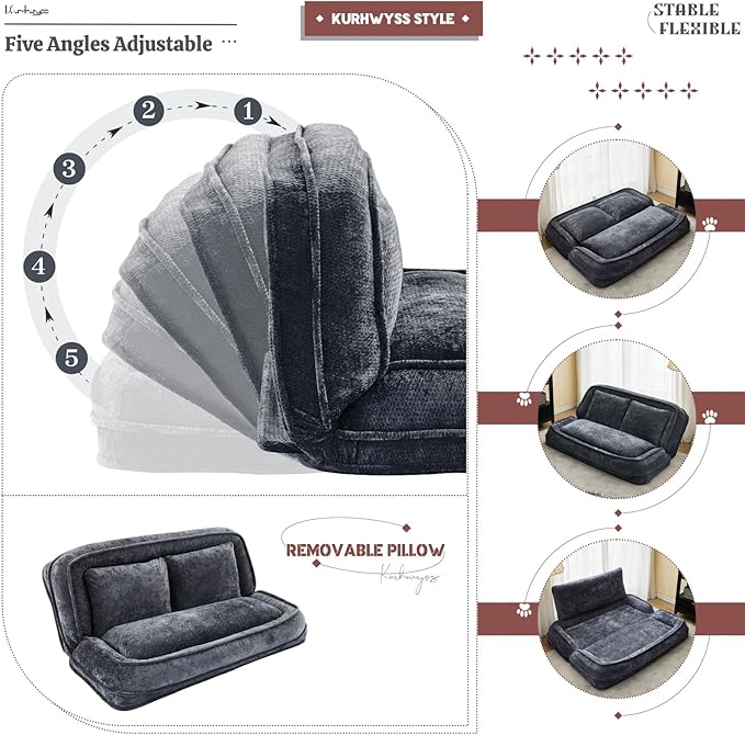 Extra Large Human Dog Bed for Adult & Pets, Convertible Floor Sofa Bed with 5 Adjustable Position, Lazy Couch Giant Bean Bag Lounge Chair Comfy Tatami with 3 Pillow for Bedroom Living Room (Dark Grey)