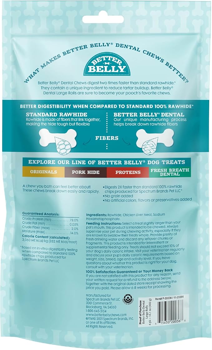 Better Belly Highly Digestible Rawhide Dental Chews, Treat Your Dog to a Chew with NO Artificial Colors or Flavors 4 Count (Pack of 1)