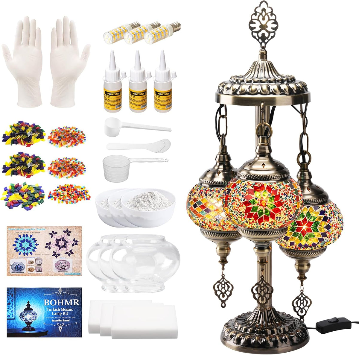 DIY Turkish Mosaic Lamp Kit, 3 Globe Table Lamp Making Kit,Multicolor