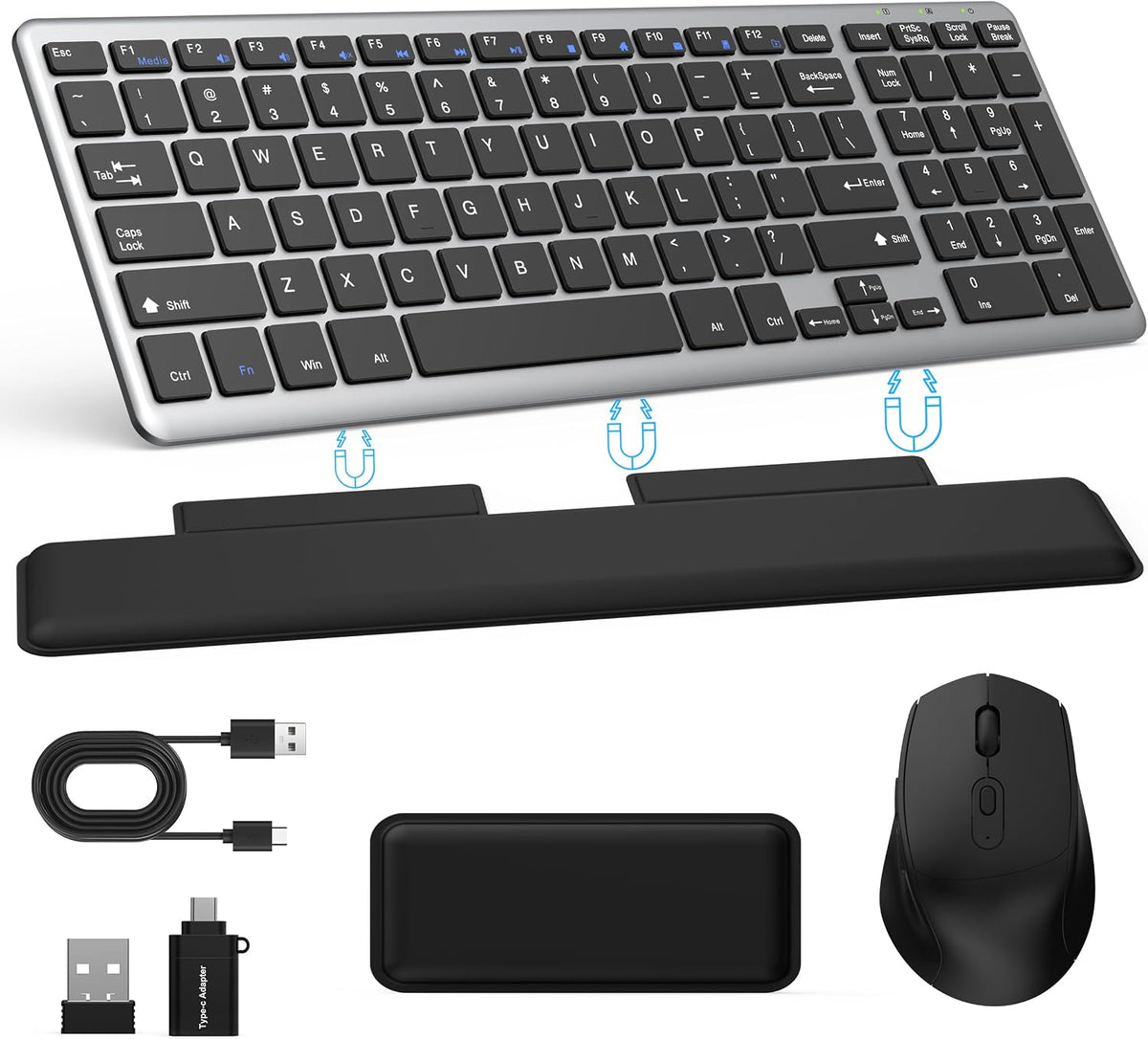 Ultra Slim Quiet Silent Wireless Keyboard and Mouse Combo with Magnetic Wrist Rest, Rechargeable Quiet Full-Size Keyboard and Mouse Combo Set Ultra Slim Design for Computer, Mac, Laptop, PC