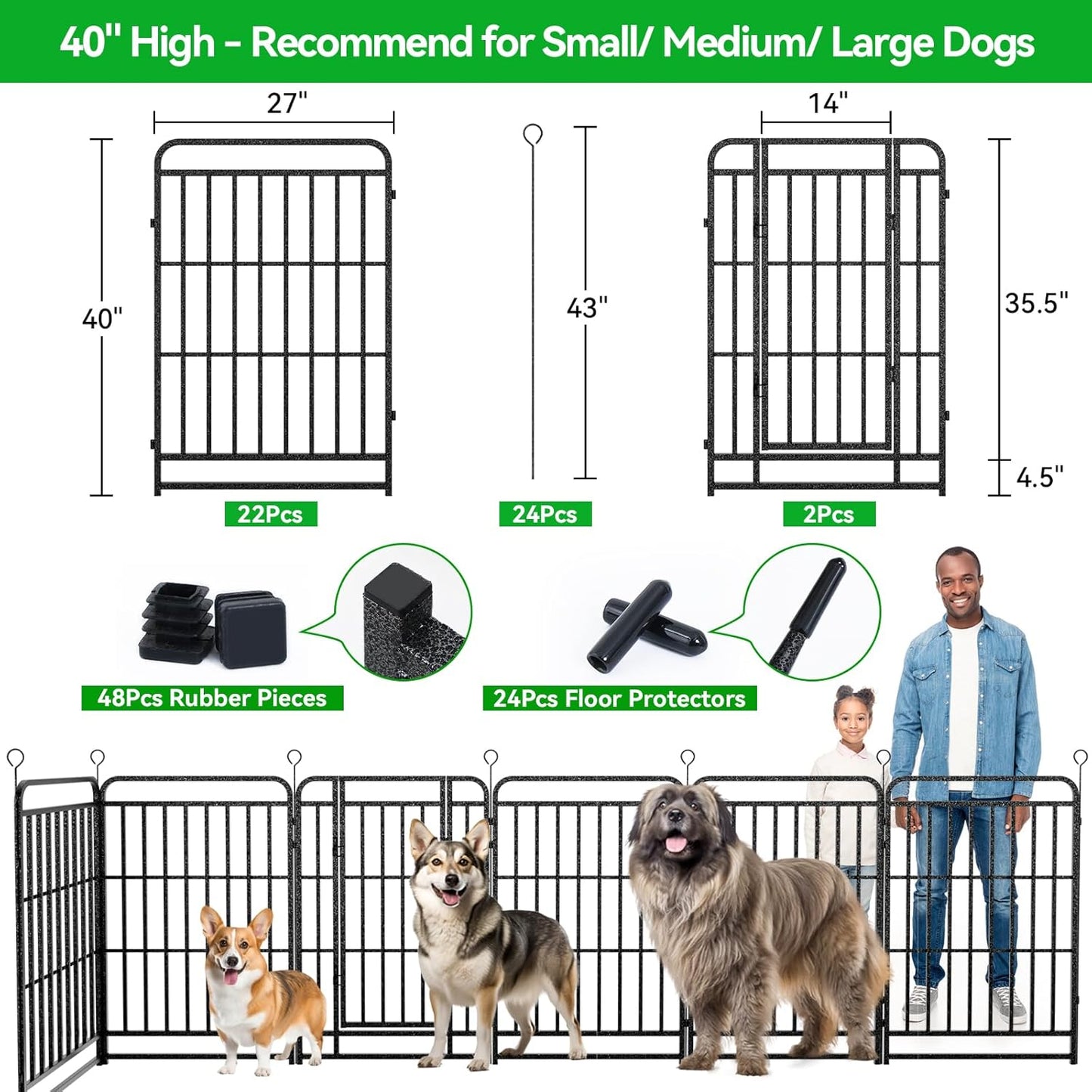 Dog Playpen Outdoor 24 Panels Heavy Duty Dog Fence 40" Height with Thick Pipe Anti-Rust with Doors Portable for RV Camping Yard, Total 54FT, 227 Sq.ft, Snowy Black