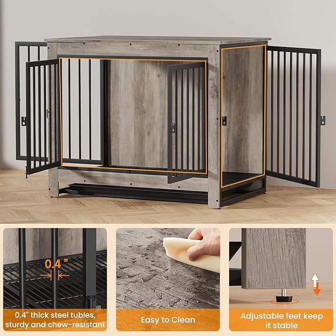 Dog Crate Furniture, 38 Inch Indoor Dog Kennel for Medium Dogs Up to 50 LBS, Heavy Duty Wooden Pet Cage End Table with 3 Doors, Alloy Steel Frame & Removable Tray
