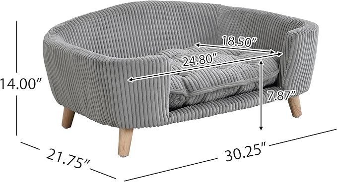 Vinsetto Elevated Dog Bed Frame for Small Dogs, Corduroy Pet Couch with Rubber Wood Legs and Supportive Foam, Easy Assembly, 30.25" L x 21.75" W x 14" H, Gray