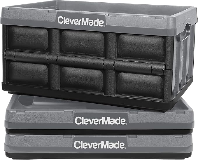 CleverMade Collapsible Storage Bins - Stone 3 Pack 32L - Stackable Containers Heavy Duty Capacity Folding Crates - Space-Saving for Home