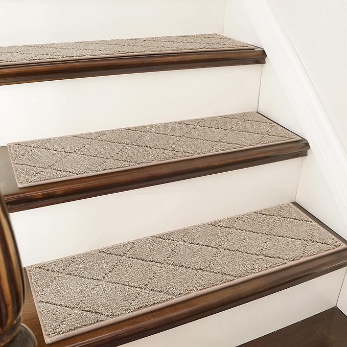 COSY HOMEER Edging Stair Treads Non-Slip Carpet Mat 28inX9in Indoor Stair Runners for Wooden Steps, Edging Stair Rugs for Kids and Dogs, 100% Polyester TPE Backing (10pc, Beige)