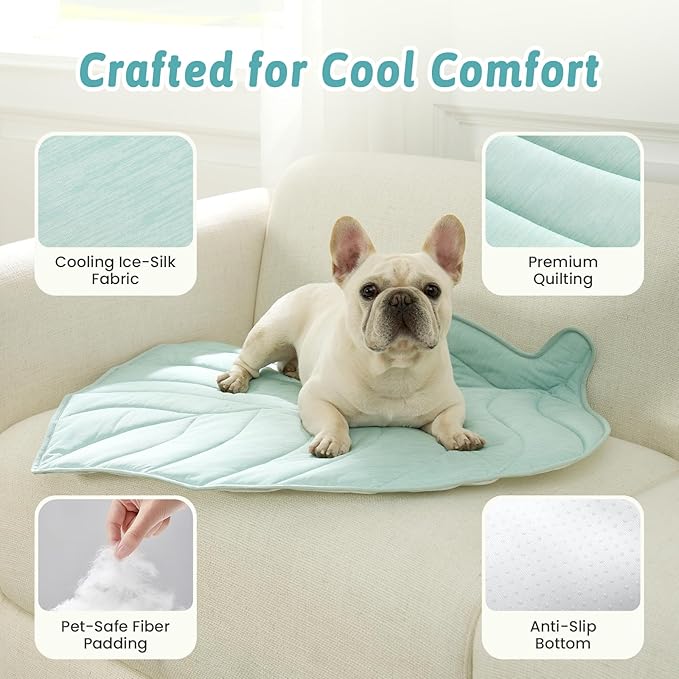 Dog Cooling Mat, Q-Max > 0.4 Leaf Shaped Pet Pad, Liquid Pee Proof Summer Mat for Cats, Washable Sleep Blanket for Bed Couch Floor Indoor, 27x23 inch, Green
