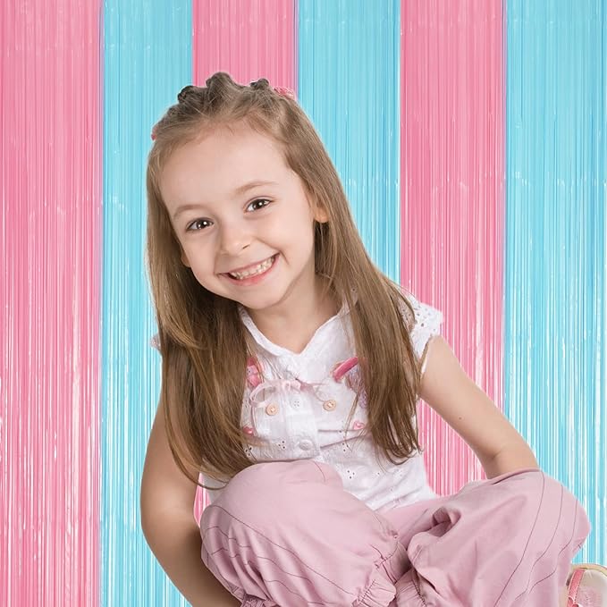 3 Pack 3.3 x 8.2 ft Pastel Blue and Pink Foil Fringe Backdrop Curtains, Tinsel Streamers Party Decorations, Fringe Backdrop for Grender Reveal, Baby Shower, Birthday Party