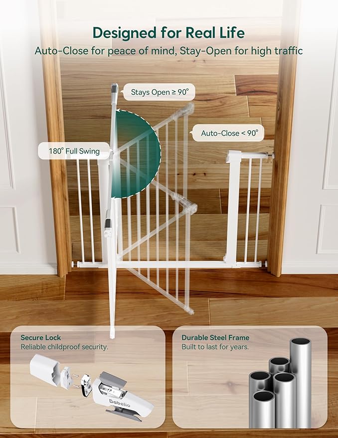 BABELIO Safety Gate Door Fits for Stairs, Narrow and Wide Doorways with Auto Close, Easy Install, No Drilling, Pressure Mounted for Baby, Child, Pets, Dog/Puppy, 26''-40'', White