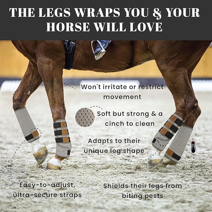 Premium Soft Fly Boots for Horses Set of 4 - Protective & Comfortable Horse Fly Boots for Medium-Large Breeds - Outer Mesh/Inner Quilted Bamboo - Adjustable Training Horse Leg Wraps (4 pcs)