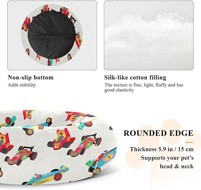 Dog Bed Race Cars Sleeping Pet Bed with Anti-Slip Bottom for Small Medium Dogs and Cats, Round Calming Sleeping Washable Puppy Beds 16 in