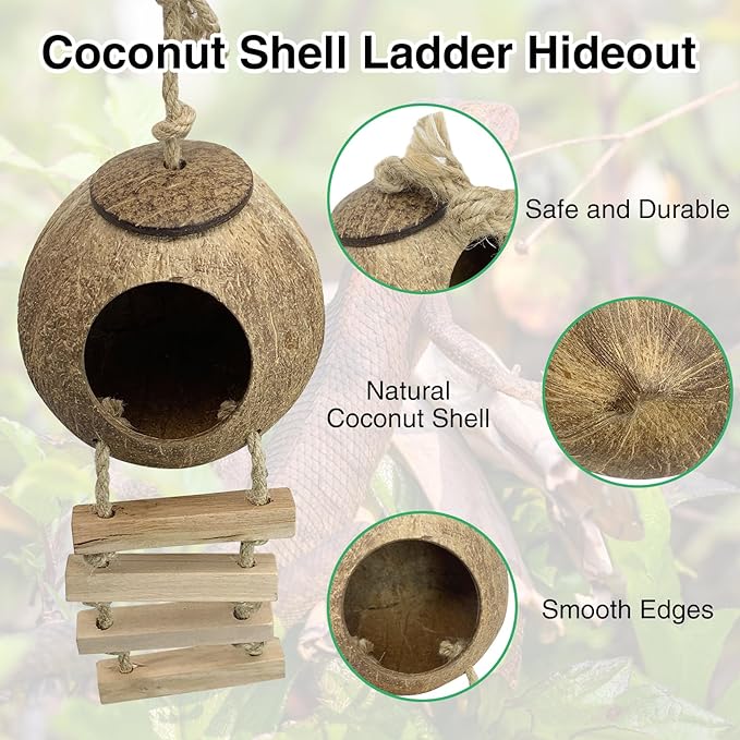 Hamiledyi Leopard Gecko Tank Accessories, 10 Pcs Reptile Vines Plants with Coconut Shell Ladder Hideout Hut Hermit Crab Decor for Bearded Dragon Lizard Chameleon Tortoise Snake Play Rest