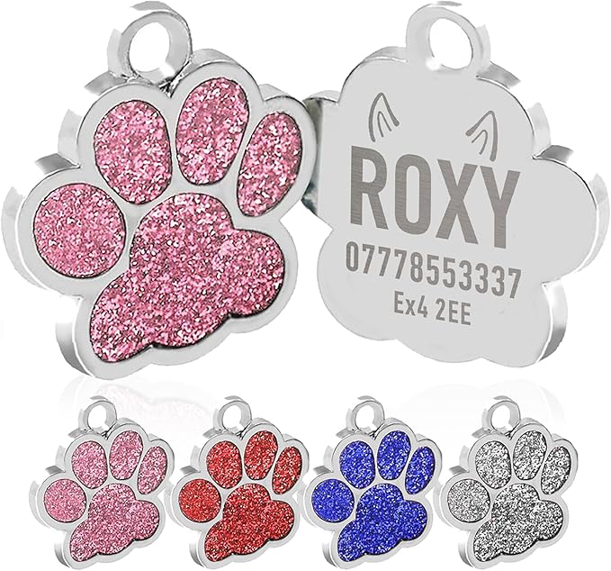 EDSG Cat Dog Tags Personalized for Pets, Dog Name Tags Cat Name ID Tag, Engraved Dog Tags Dog ID Tags Small Glitter Bling ID Tag Paw Print for Cat Pet Dog Puppy(Pink,Design 3)