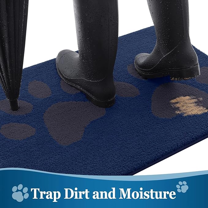 Buganda Dog Door Mat for Muddy Paws, Absorbent Dirt Trapper Washable Indoor Doormats, Non Slip Low-Profile Mud Mat for Dogs, Front Entrance Doormat for Inside Floor (36x24 Inches, Navy)