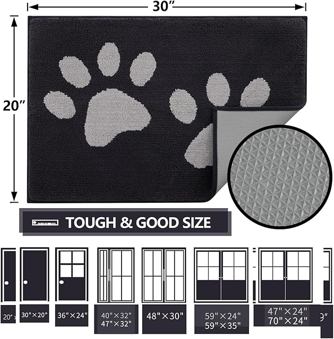 Buganda Dog Door Mat for Muddy Paws, Absorbent Dirt Trapper Washable Indoor Doormats, Non Slip Low-Profile Mud Mat for Dogs, Front Entrance Doormat for Inside Floor (36x24 Inches, Black and Grey)
