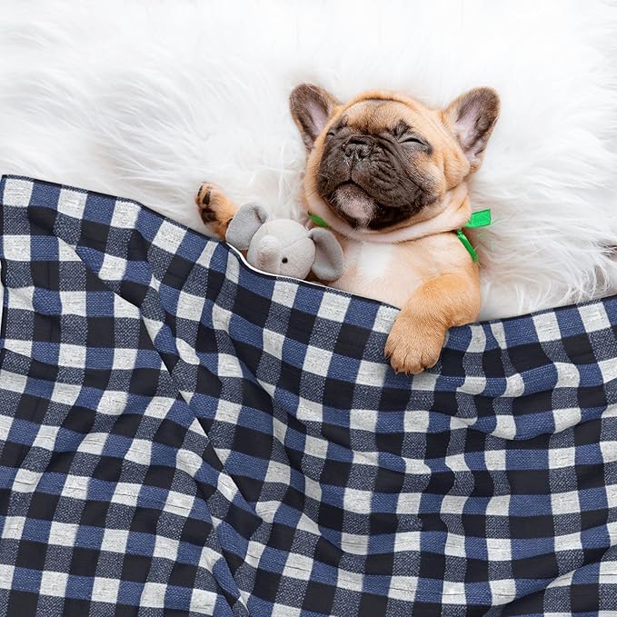 Waterproof Dog Blanket Soft Pet Blanket for Puppy Cat, Fleece Cat Throw Blankets for Furniture Bed Couch Sofa Reversible - Navy Blue Gingham 3