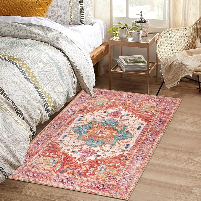 Yamaziot Washable Area Rug for Bedroom, 3x5 Non-Slip Boho Vintage Living Room