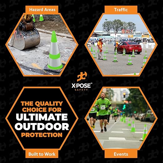 28” Lime Green Traffic Cone - Dual 6" & 4" Reflective Collar – 4 Pack - Multipurpose Premium PVC Safety Cone for Parking, Caution, Construction, Road Crews, Emergency Vehicle - Xpose Safety