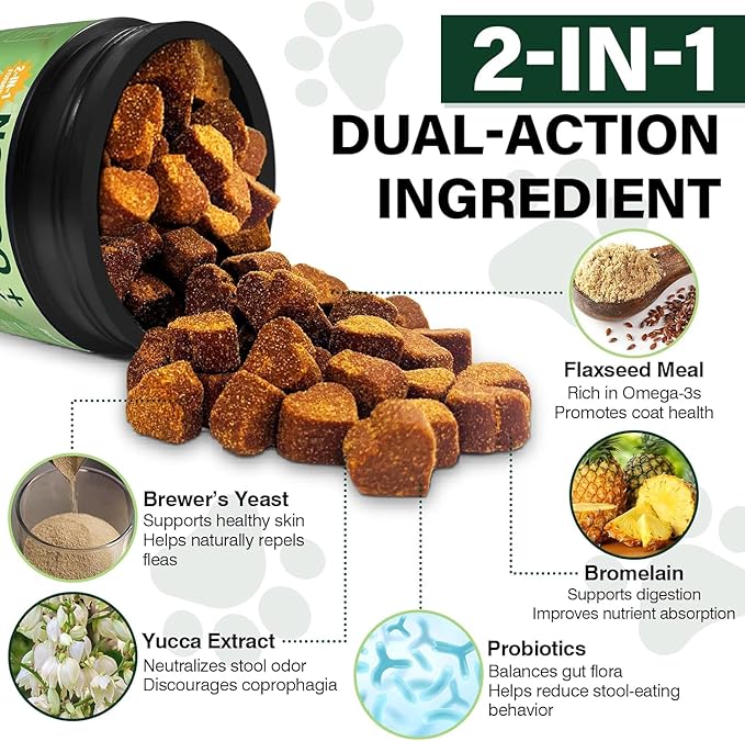 200 Chews No Poo Chew for Dogs-Flea and Tick Prevention Chews-2 in 1 Control Coprophagia & Flea Tick Supplement-Natural Soft Treats Deterrent Eat Poop with Digestive Enzymes Probiotics-Chicken