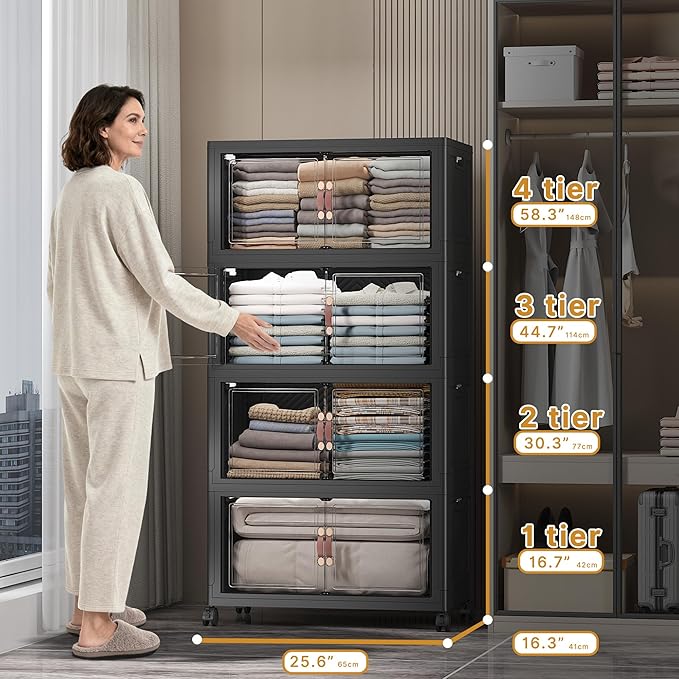 Extra Large Stackable Storage Bins with Lids & Wheels & Door, 896QT-112QT/28GAL*8Pack Foldable Collapsible Closet Organizers, Plastic containers drawers for bedroom Dorm