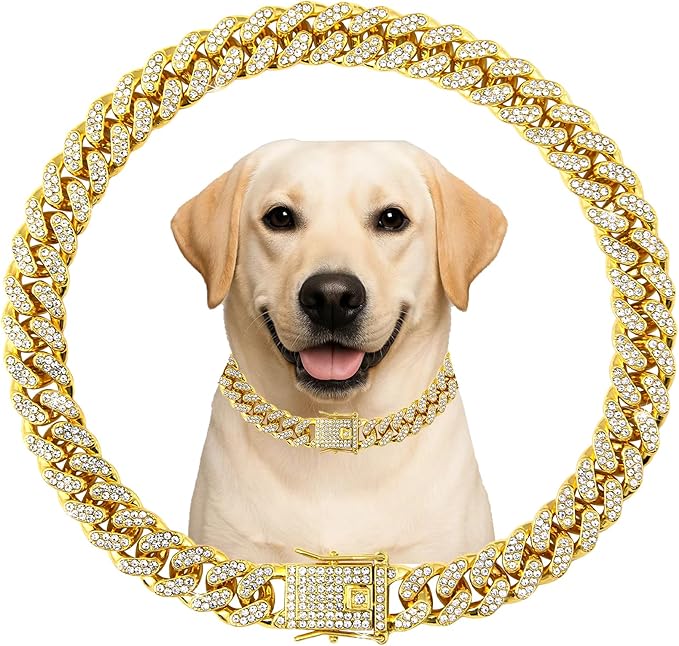 Luxury Cuban Link Dog Collar Gold Crystal Secure Buckle Metal Chain Necklace Jewelry for for Small Medium Large Dog Cats(Glod 8inch)