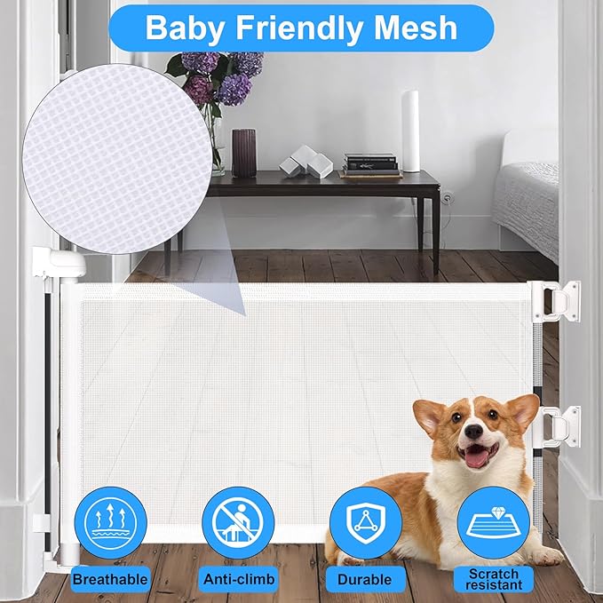 2 Pack Short Dog Gate Pet Gates Puppy Gate 14" H 59" Wide Step Over Pet Fence, Mesh Retractable Indoor Outdoor Expands Up to 59 Inches Small Dog Gates for Doorways Stairs