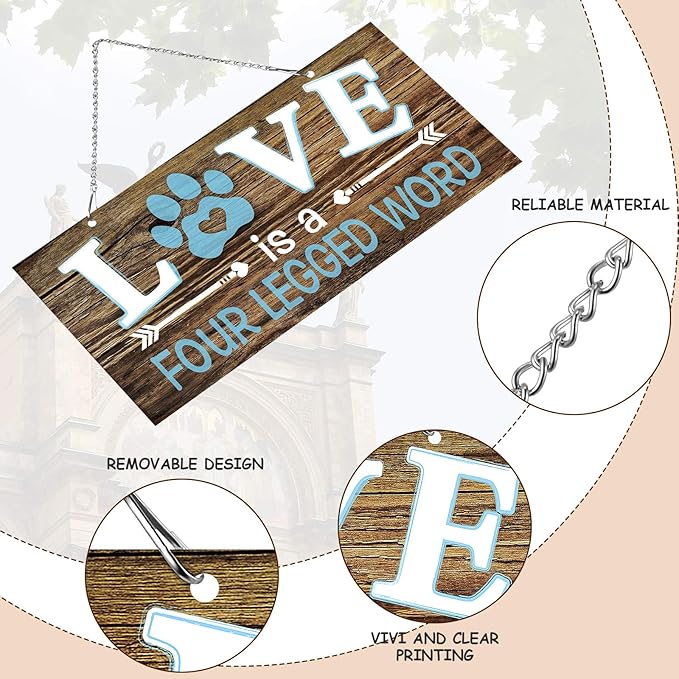 Dog Wall Decor Room Love Is a Four Legged Word Pet Paw Sign Dog Vintage Metal Hanging Decorative Signs Plaque Wall Decorative for Christmas Pet Lover Gifts Thanksgiving(10 x 5 Inch)