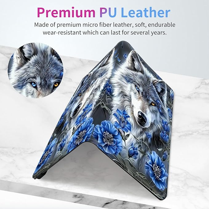 Car Registration and Insurance Holder,Leather Insurance License and Registration Card Holder for Car Glove Box, Auto Truck Document Holder Organizer for Men Women-White wolf with Blue Flowers