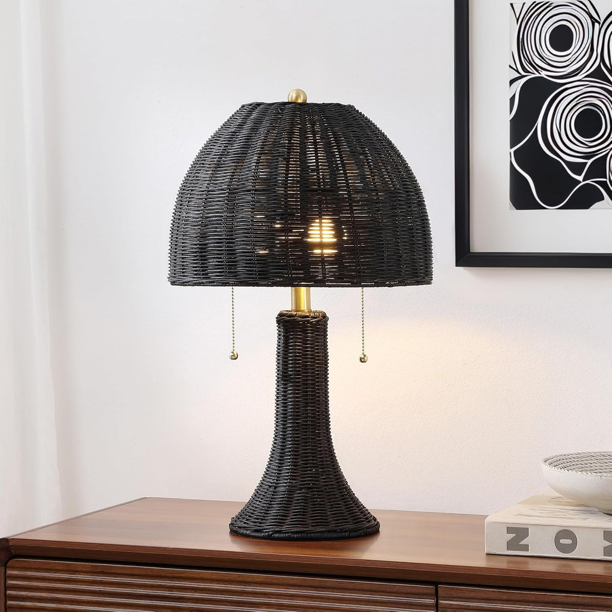 JONATHAN Y Joanie 2-Light Table Lamp 22" Rattan, Black/Brass Gold