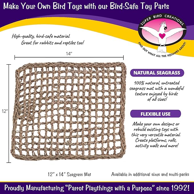 Super Bird Creations SB50005 Seagrass Mat for Cage Decor, Pet Enrichment and Boredom Relief - Versatile Toy-Making Base- Ideal for Parrots - Small to Large Birds & Reptiles - 12"x14" (1 Pack)