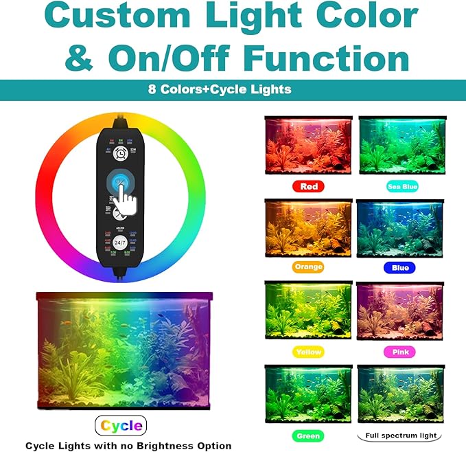Submersible Aquarium Light for 12 to 23 Inch Fish Tank, 24/7 Cycle Fish Tank Light with Timer, Aquarium Plant Light with Full Spectrum+7 Single Colors, Auto On/Off, Adjustable Brightness
