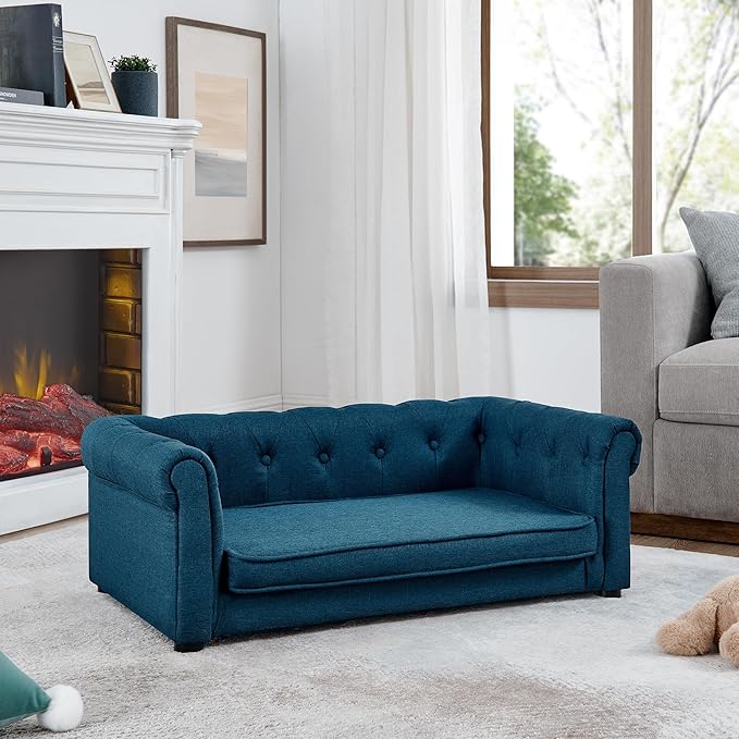 Elevated Dog Sofa with Backrest and Armrests, Button Tufted Pet Bed with Soft Cushion for Medium Dogs, Stylish Lounging Bed Pet Couch Chair for 60Lbs Dog, Blue