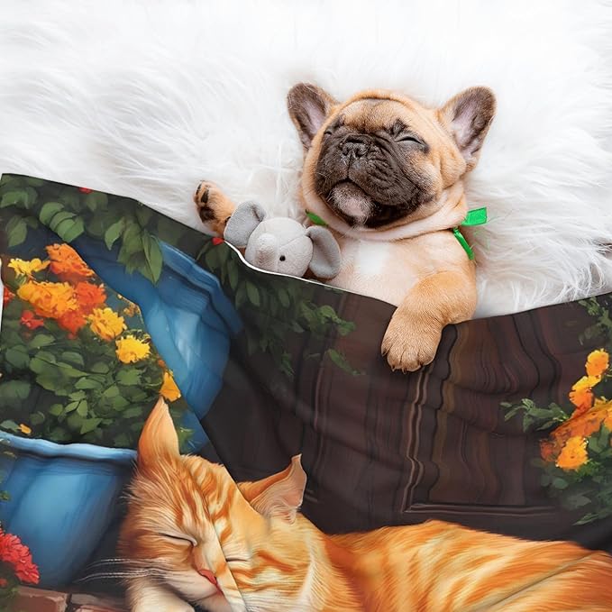Waterproof Dog Blanket Soft Pet Blanket for Puppy, Fleece Cat Throw Blankets for Furniture Bed Couch Sofa Reversible - Sleeping Cat Flowers