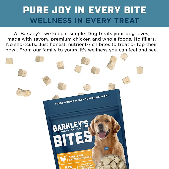 Barkley’s Bag Chicken Bites, Freeze Dried Dog Treats & Food Topper, Made with Chicken and Brown Rice, Small Bite-Sized Pieces for Training Rewards, for All Dog Breeds, Ages & Sizes, 4 Oz Bag (3 Pack)