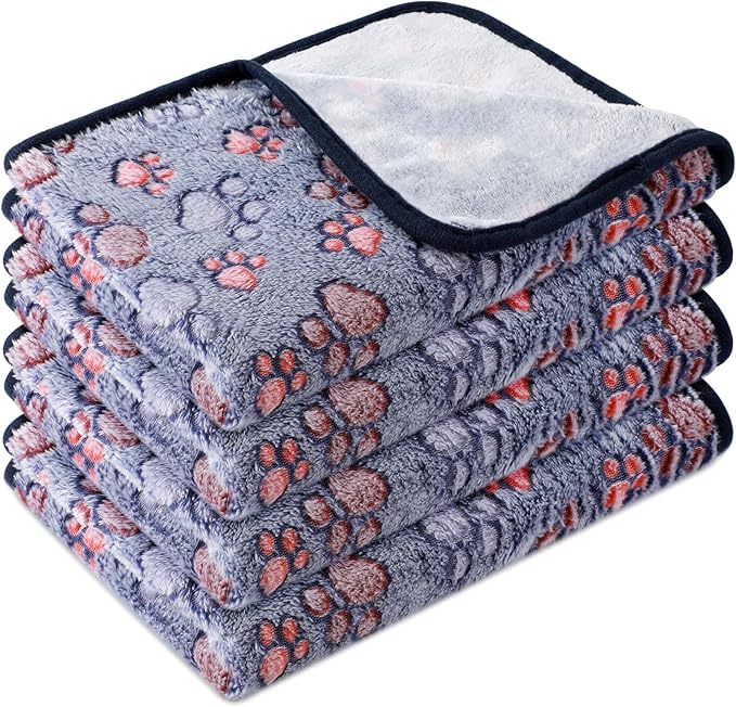 Tatuo 4 Pcs Dog Blanket for Pet Cat Blankets Indoor Puppy Teething Stuff Toys Paw Print Fleece Soft Blanket Sleep Mat for Guinea Pig Cage(Blue,Small(24 x 16 Inch),Square)