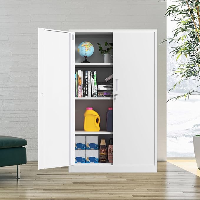 Metal Storage Cabinet with Locking Doors and 3 Adjustable Shelves, 53.5-Inch Lockable Storage Cabinets for Home Office Garage Kitchen Pantry (White)