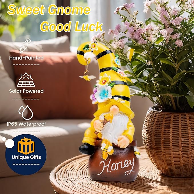 Birthday Gifts from Daughter Son - 13" Garden Solar Spring Gnomes Statues Outdoor Spring Decor with LED Lighted Bee and Flowers Funny Garden Sculpture for Patio Yard Lawn Decorations Gifts
