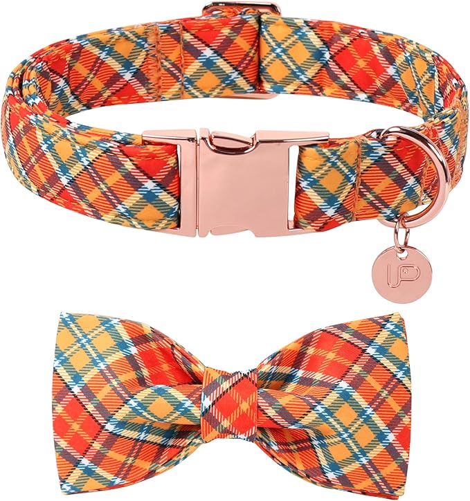 Autumn Plaid Dog Collar and Bow Tie Set – Orange Yellow Checkered Adjustable Fall Collar with Maple Leaf Charm for Small Medium Large Dogs, Soft Cotton Pet Collars with Buckle and D-Ring