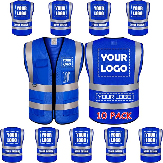 10 Pack Mesh Safety Vest Custom Logo High Visibility Reflective Vest with Pockets Security Work Vest（Blue，XXL）