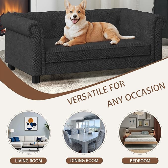 Elevated Rectangle Dog Sofa for Small & Medium Dogs - Comfortable Linen Fabric Dog Bed with Button Tufted Back, Durable Modern and Stylish Pet Bed for Living Room, Bedroom (Black)