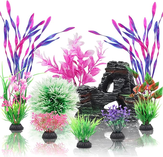 Fish Tank Accessories, Aquarium Fish Tank Plastic Plants and Cave Rock Decorations Set 10 Pieces, Small and Large Artificial Aquarium Plants with Cave Rock